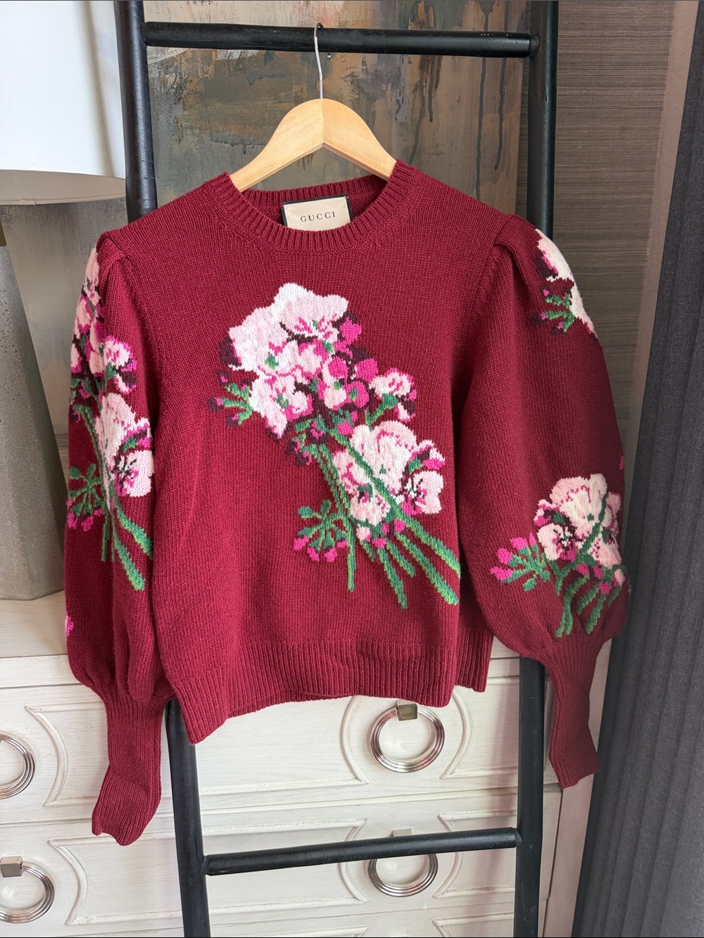 Gucci Burgundy Floral Intarsia Puff-Sleeve Sweater